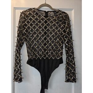 Gritty Soul Black Gold Sequin Spike Mesh Bodysuit XL Women's One Piece Stretch
